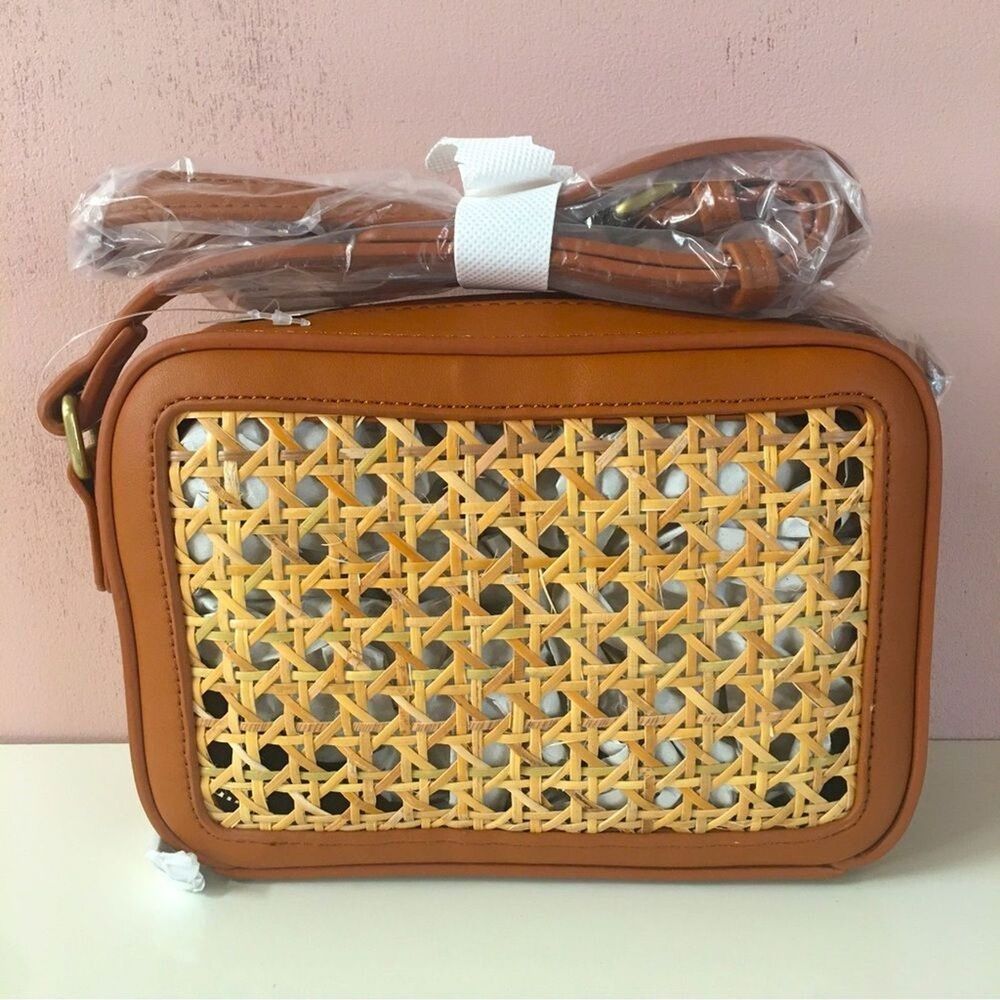 Francesca’s Collections Brown Faux Leather Back Woven Front Crossbody Bag NWT